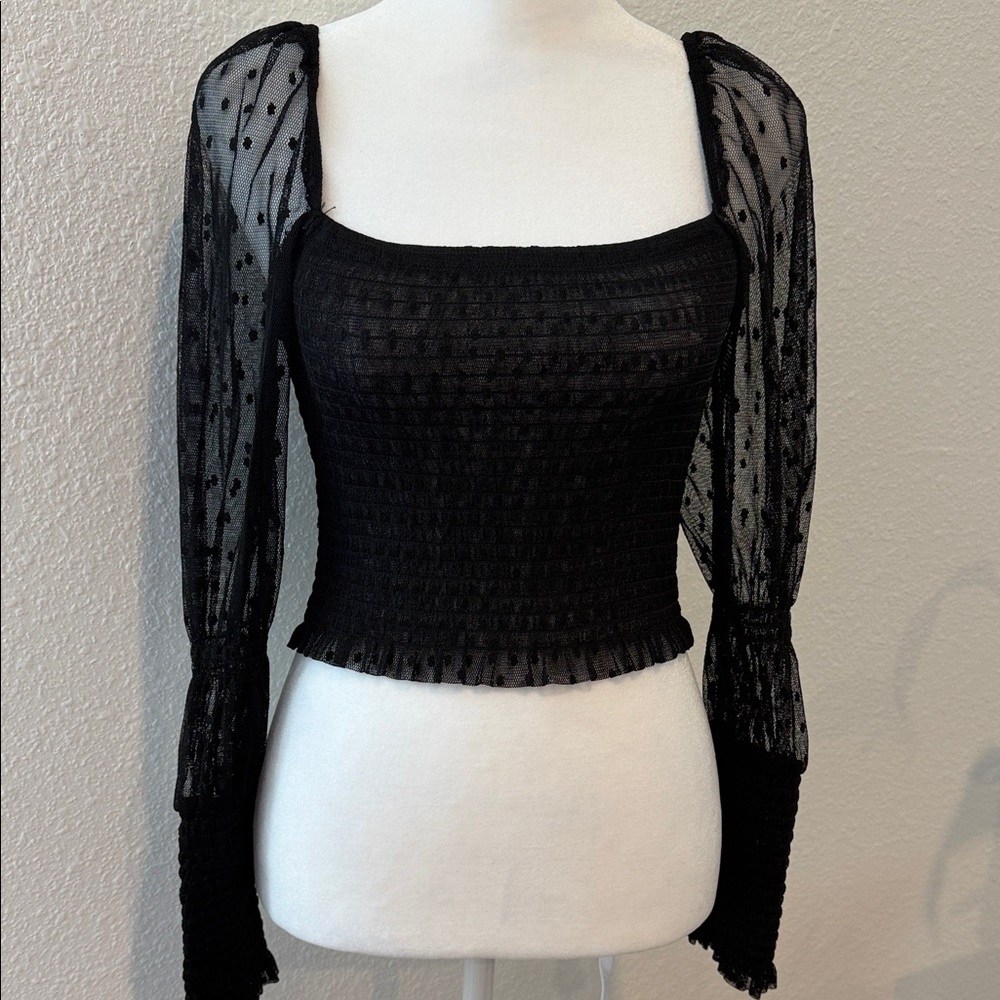 Free People Black Smocked Square-Neck Crop Top with Sheer Dot Sleeves